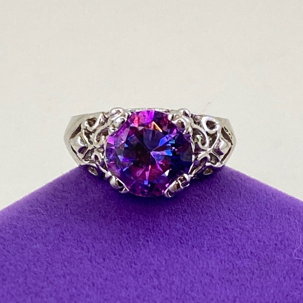 💛 Silver Tone Filigree Purple Mystic Topaz Ring | Round Rainbow Fire Stone